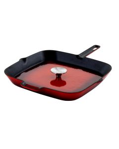 MegaChef 14 Inch Square Enamel Cast Iron Grill Pan with Matching Grill Press in Red with Press