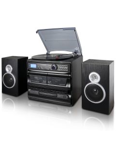 Trexonic 3-Speed Vinyl Turntable Home Stereo System with CD Player, Dual Cassette Player, Bluetooth, FM Radio &amp; USB/SD Recording and Wired Shelf Speakers